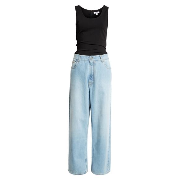 Alaia Mixed Media Jeans Tank Jumpsuit Denim Knit Top Black Blue Sleeveless 38 - Picture 1 of 12